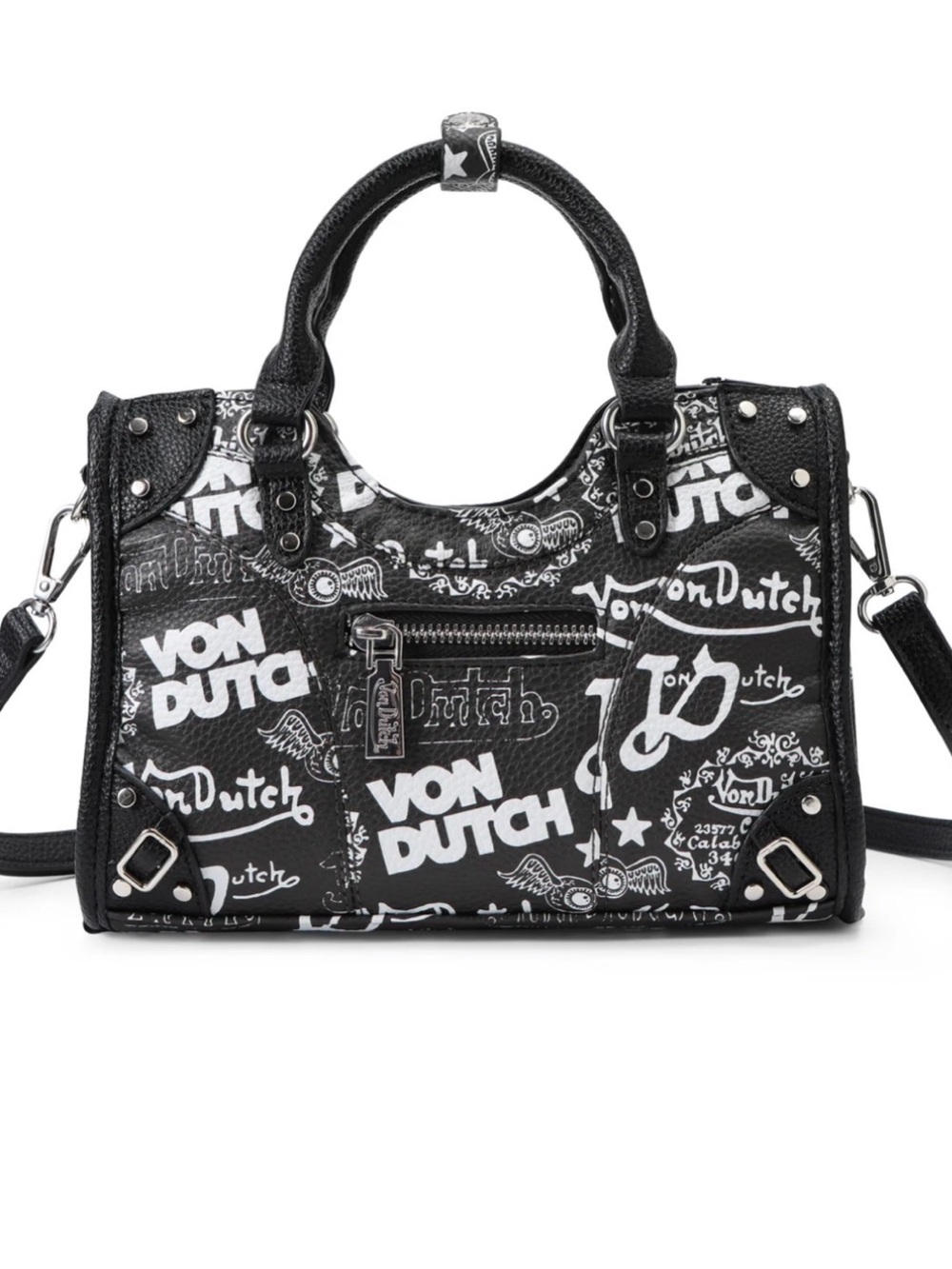 Von Dutch County Black & White Logo Print Satchel NWT - Picture 4 of 6